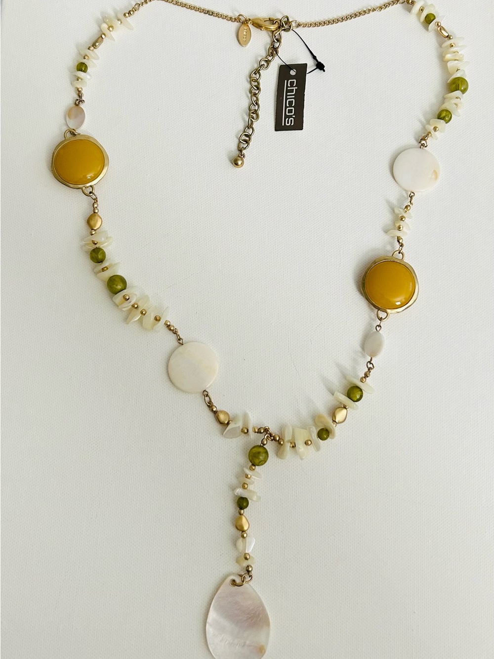 Chico’s Shell & Bead Y-Necklace in White, Olive & Gold  NWT